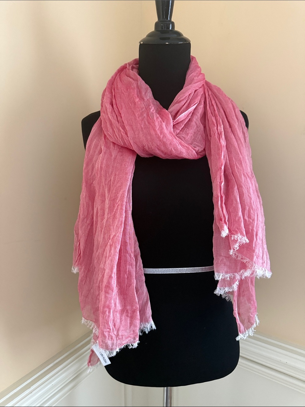 Calvin Klein Pink Lightweight Crinkle Scarf‎ with White Fringe Trim